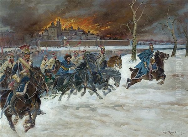 Napoleon's Army Leaving Moscow Oil Painting by Jerzy Kossak