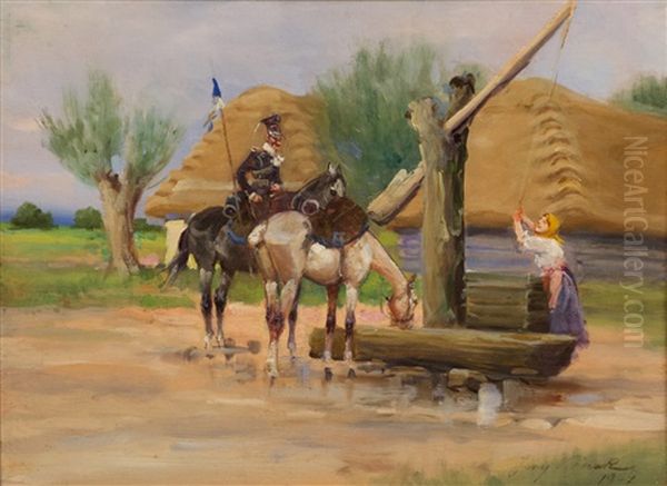 Drinking Horse (1934) Oil Painting by Jerzy Kossak