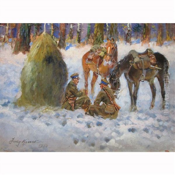 Soliders At Rest Oil Painting by Jerzy Kossak