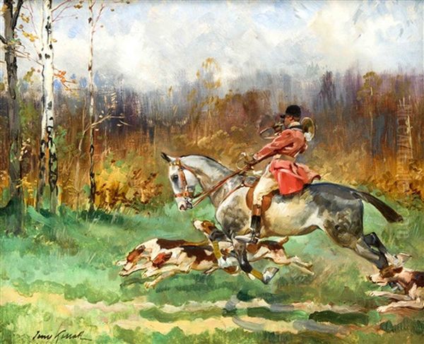 Jager Reitet In Vollem Galopp In Sein Horn Blasend Begleitet Von Einer Meute Jagdhunden Uber Eine Waldlichtung Oil Painting by Jerzy Kossak