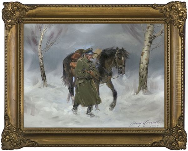 In Blizzard Oil Painting by Jerzy Kossak