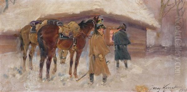 Napoleonische Soldaten Auf Der Suche Nach Einem Nachtquartier Oil Painting by Jerzy Kossak