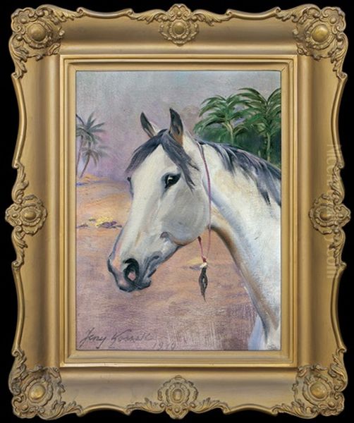 White Horses Head Oil Painting by Jerzy Kossak