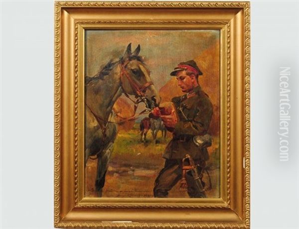 Soldier/uhlan Feeding His Horse Bread Oil Painting by Jerzy Kossak