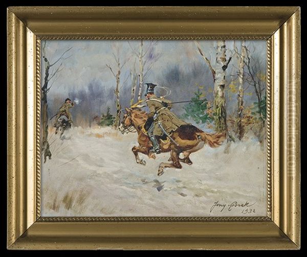 Polish Uhlan In Pursuit Of The Bolsheviks Oil Painting by Jerzy Kossak
