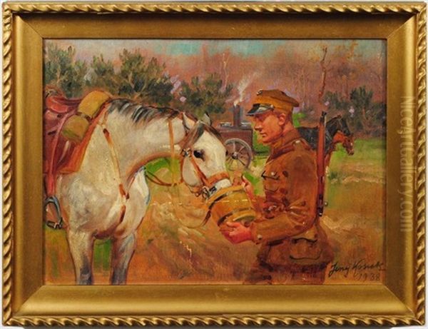 Soldier/uhlan Watering Horse Oil Painting by Jerzy Kossak