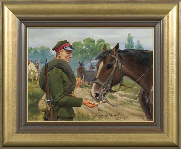 Uhlan Feeding Horse Oil Painting by Jerzy Kossak
