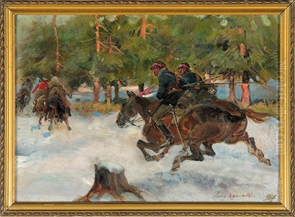 Riders In Full Chase Oil Painting by Jerzy Kossak