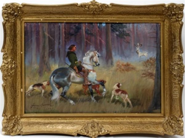 Polish Hunt Scene With Stag Oil Painting by Jerzy Kossak