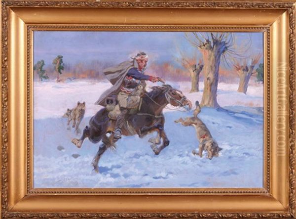 Wilki Atakujace Rannego Jezdzca Oil Painting by Jerzy Kossak