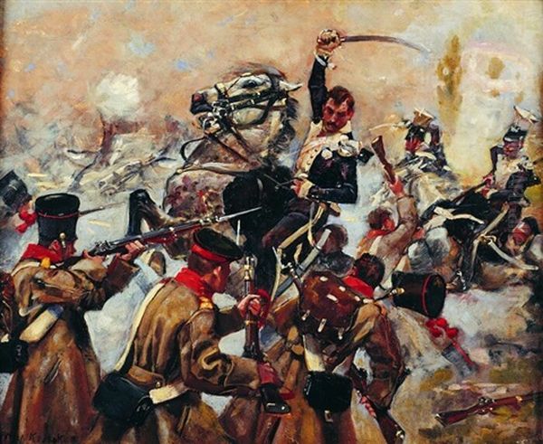 Utarczka Ii Pulku Ulanow Z Moskalami Oil Painting by Jerzy Kossak