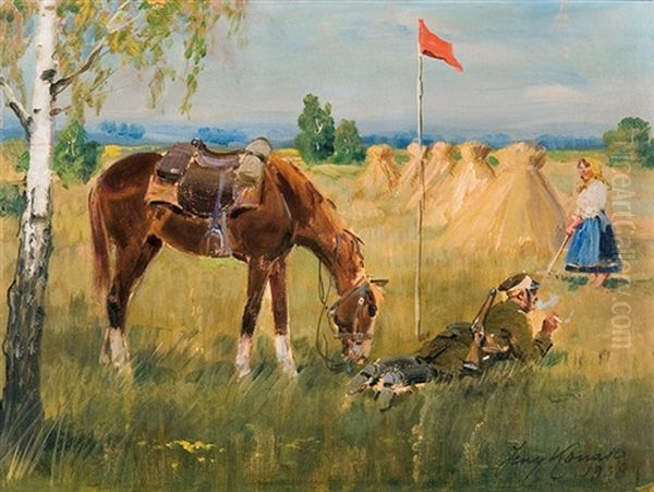Cavalier's Rest Oil Painting by Jerzy Kossak