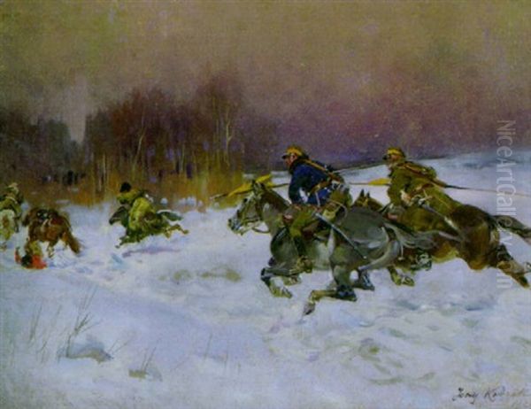 Polnische Ulanen Verfolgen Russische Kosaken Oil Painting by Jerzy Kossak