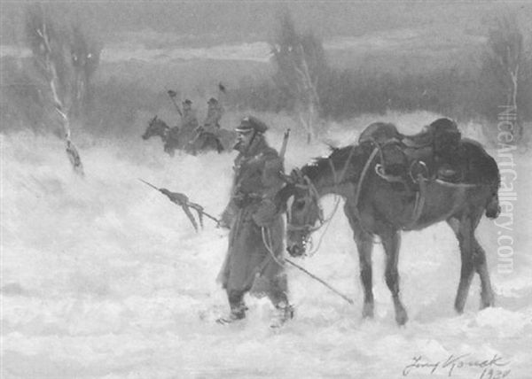Cavalry Men In Winter Oil Painting by Jerzy Kossak