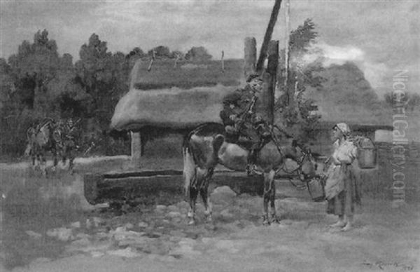 Kurze Rast Oil Painting by Jerzy Kossak