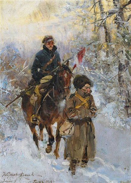 Soldaten Im Schnee Oil Painting by Woiciech (Aldabert) Ritter von Kossak