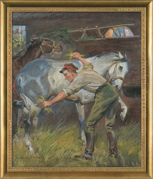 Uhlan With A Horse Oil Painting by Woiciech (Aldabert) Ritter von Kossak