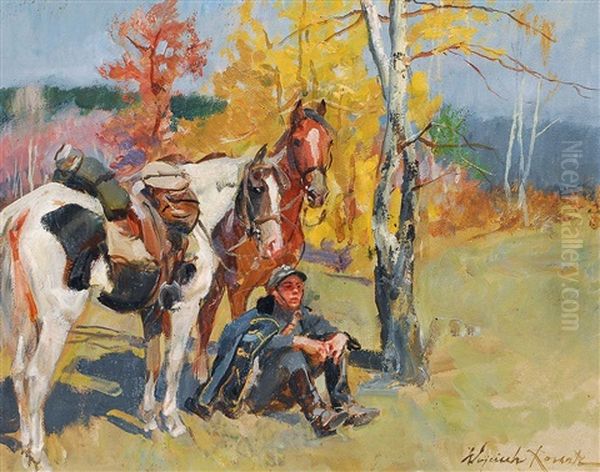 Polnischer Berittener Bei Der Rast Oil Painting by Woiciech Ritter Von Kossak