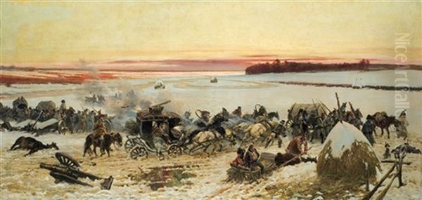 Napoleon Forces Crossing Berezina Oil Painting by Woiciech Ritter Von Kossak