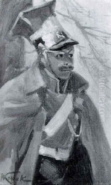 Selbstbildnis In Napoleonischer Ulanenuniform Oil Painting by Woiciech (Aldabert) Ritter von Kossak