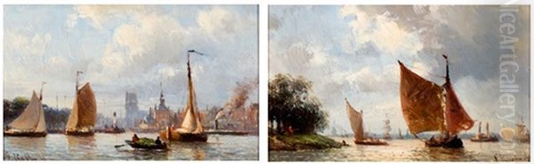 Schepen Op De Merwede, Schepen Voor De Haven Van Dordt (2 Works) Oil Painting by Everhardus Koster
