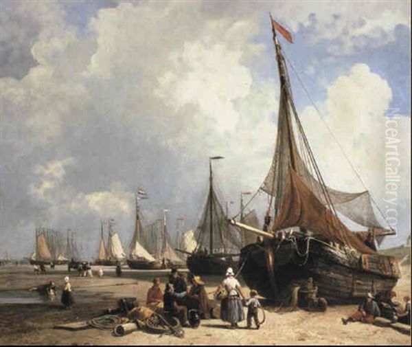 Fishermen And Boats In Scheveningen, Holland Oil Painting by Everhardus Koster