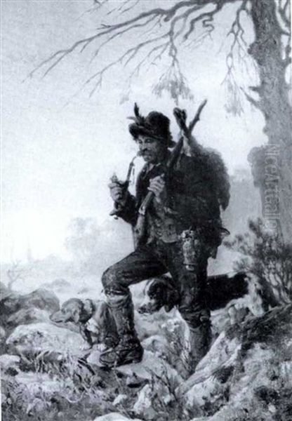 Jagdbursche Mit Tiroler Hut, Blauer Jacke, Roter Weste,     Ledeme Kniebundhosen, In Der Rechten Eine Langstielpfeife.. Oil Painting by Hugo Kotschenreiter