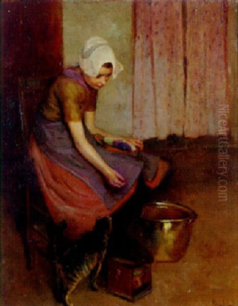 A Young Peasant Girl Playing With A Cat In An Interior Oil Painting by Hendrik Maarten Krabbe