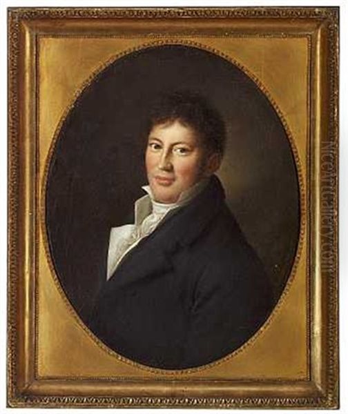 Portraet Af En Dame I Petroleumsbla Nedringet Kjole (+ Portraet Af En Herre I Mork Jakke; Pair) Oil Painting by Christian Gottlieb Kratzenstein-Stub