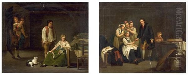 Scene De La Vie Paysanne (2 Works) Oil Painting by Georg Melchior Kraus