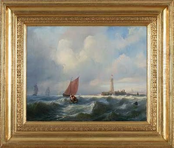 Krause_wilhelm August Hafeneinfahrt Mit Booten Auf Bewegter See Oil Painting by Wilhelm August Leopold Christian Krause