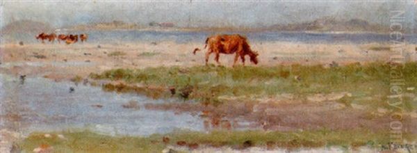 Sommarlandskap Med Betande Kor Oil Painting by Nils Kreuger