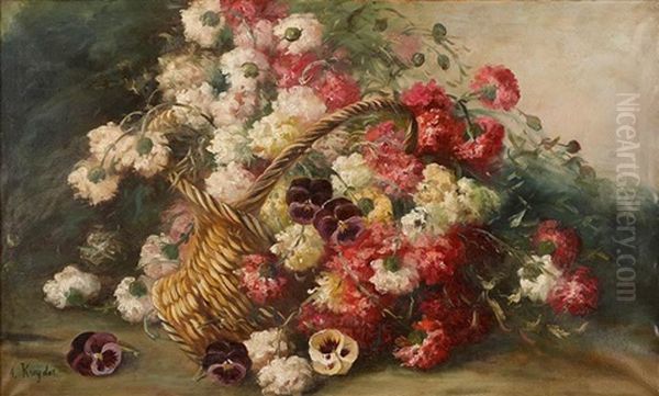 Nature Morte Au Bouquet D'oeillets Et Pensees Dans Un Panier Oil Painting by Alexis Kreyder