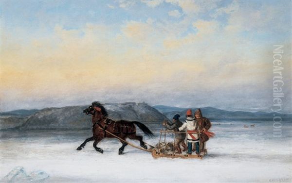 Three Habitants Sledding On The St. Lawrence At Quebec Oil Painting by Cornelius David Krieghoff