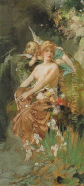 Flora Med Putto Oil Painting by Julius Johann Ferdinand Kronberg