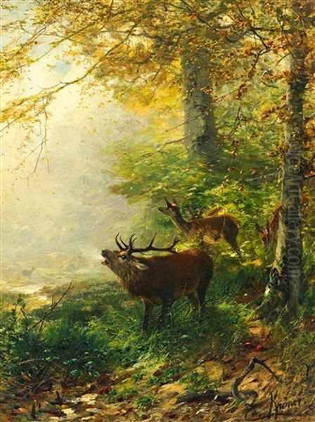 Herbstwald Mit Rotwild Oil Painting by Christian (Johann Christian) Kroener