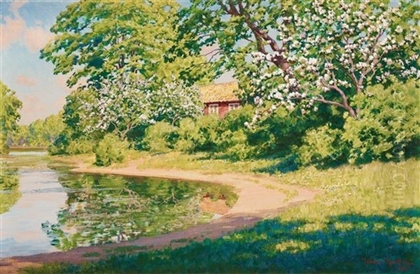 Blommande Appeltrad Vid Vattendrag Oil Painting by Johan Fredrik Krouthen