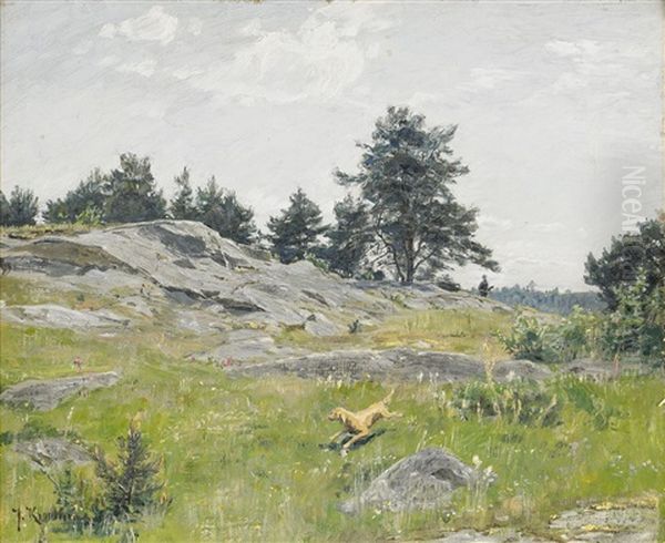 Sommarlandskap Med Jagare Och Hund Oil Painting by Johan Fredrik Krouthen