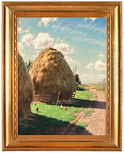 Halmstackar Oil Painting by Johan Fredrik Krouthen