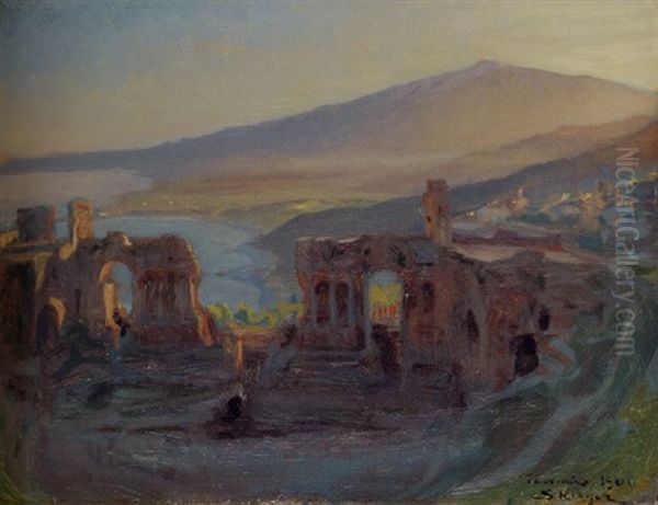 The Greek Theatre, Taormina With Mount Etna In The Distance Oil Painting by Peder Severin Kroyer
