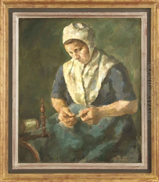 Spinnerin Oil Painting by Karl Krummacher