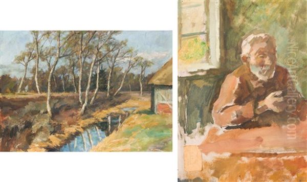 Moorlandschaft Mit Kate (+ Sitzender Mann Vor Fenster (sketch), Verso) Oil Painting by Karl Krummacher