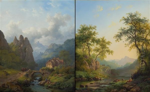 Pair Of Works: Rocky Mountain Valley With Travellers / Herders With A Herd At A Stream With Ruins In The Background Oil Painting by Frederik Marinus Kruseman