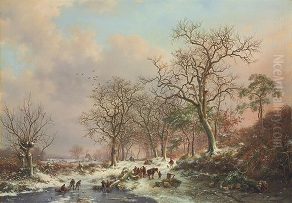 Wood Gatherers In A Winter Landscape Oil Painting by Frederik Marinus Kruseman