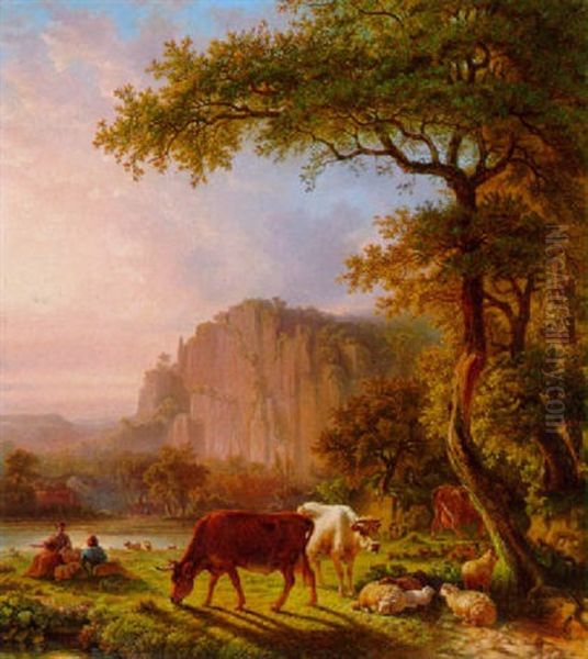 Hirten Mit Herde Am Fluss Oil Painting by Frederik Marinus Kruseman