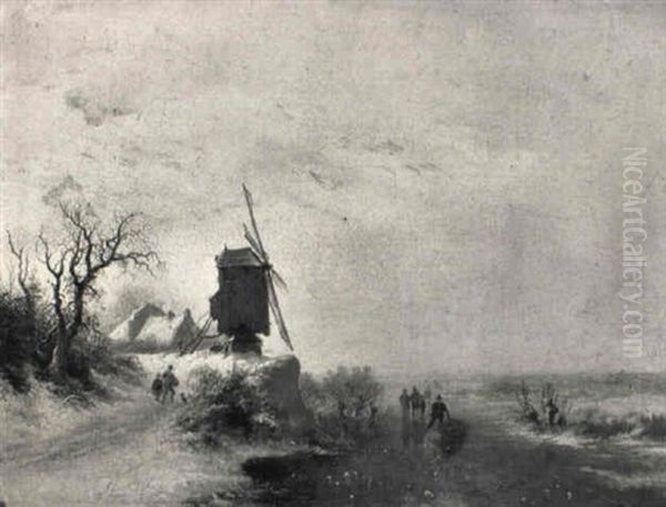 A Winter Landscape With Skaters On A Frozen River Near A Windmill Oil Painting by Frederik Marinus Kruseman