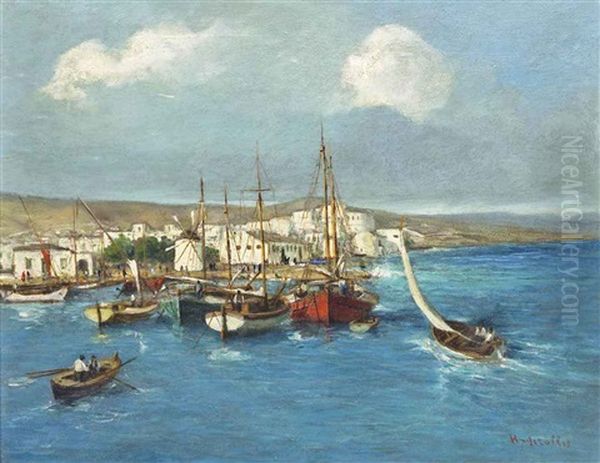 A Greek Harbour Oil Painting by Andreas Krystallis