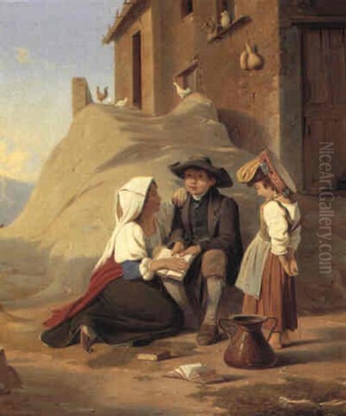En Abbate H+res I Sin Lektie Af Sin S+ster Oil Painting by Albert Kuchler