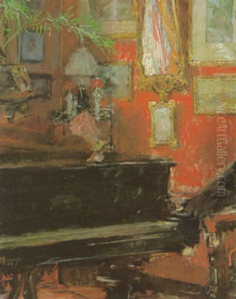 Musiksalon: Blick Auf Den Flugel Und Gemalde An Der Wand Daruber Oil Painting by Gotthardt Johann Kuehl