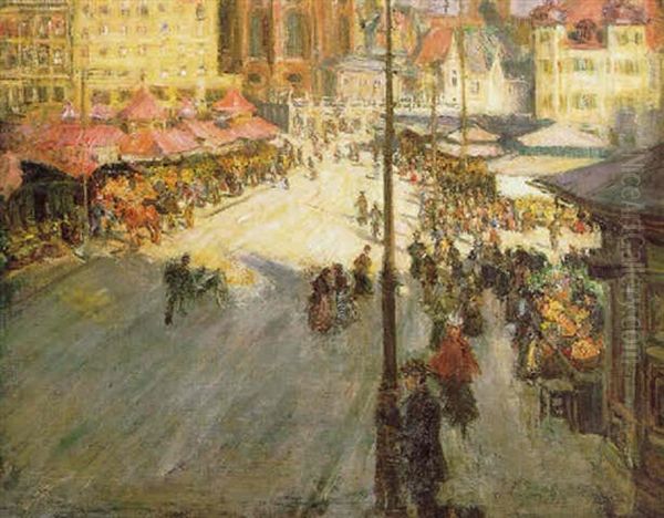 Viktualienmarkt, Munchen Oil Painting by Gotthardt Johann Kuehl